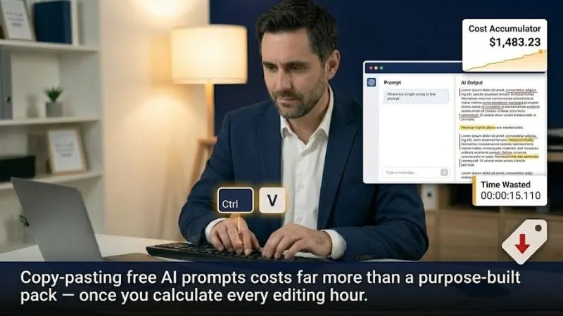 Business owner copy-pasting free ChatGPT prompts with rising cost counter showing the expensive mistake 