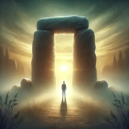A lone figure stands before a massive stone gate at dawn, surrounded by golden mist and shadow, symbolizing the emotional threshold of sadness and transformation before success.