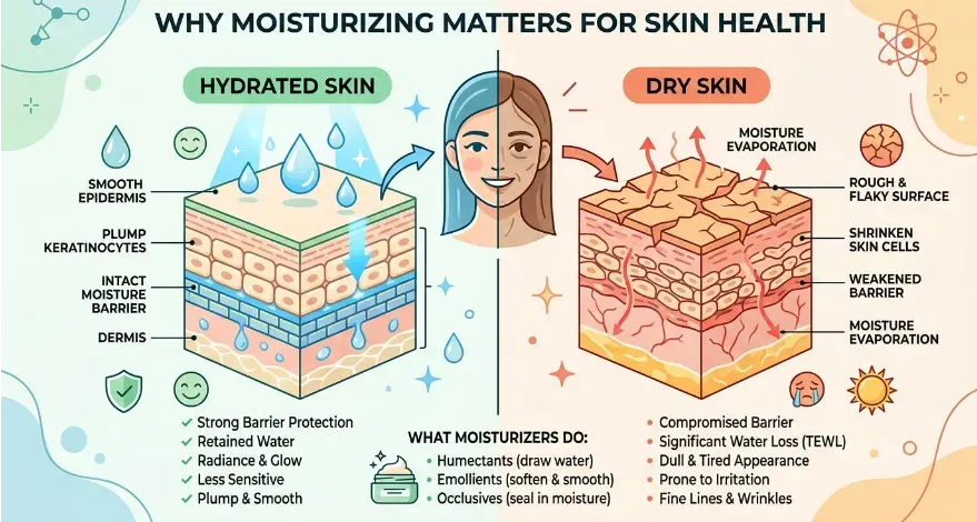 Educational diagram showing hydrated skin vs dry skin.