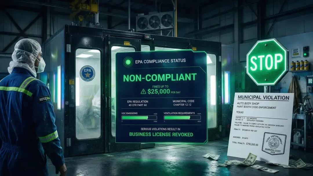 municipal codes and EPA guidelines regarding paint shop booth that volatile organic compounds (VOCs) and ventilation shown on a computer screen in a auto shop.
