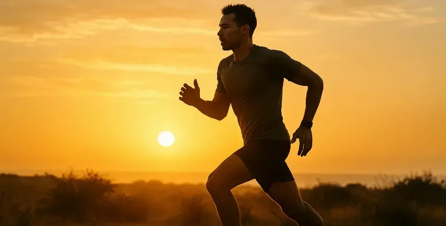 Athlete training fasted at sunrise, symbolizing fat adaptation and metabolic flexibility.