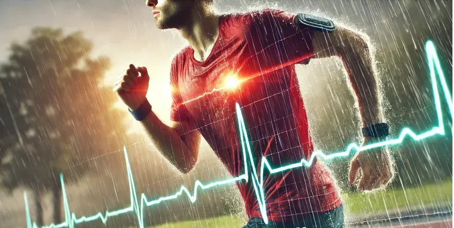 a person running and sweating profusely, with a heart rate monitor graphic overlay.