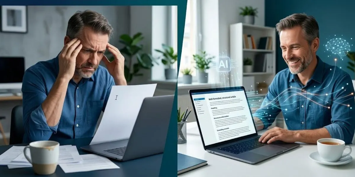 A collage comparing the frustration of writer's block with the efficiency of using the best AI writing tools for a small business.