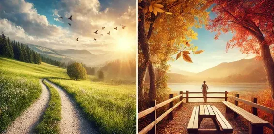 A split-image featuring a sunlit pathway through a lush green meadow and a peaceful lakeside scene framed by autumn leaves, symbolizing the calming and grounding effects of walking in nature for well-being and longevity.