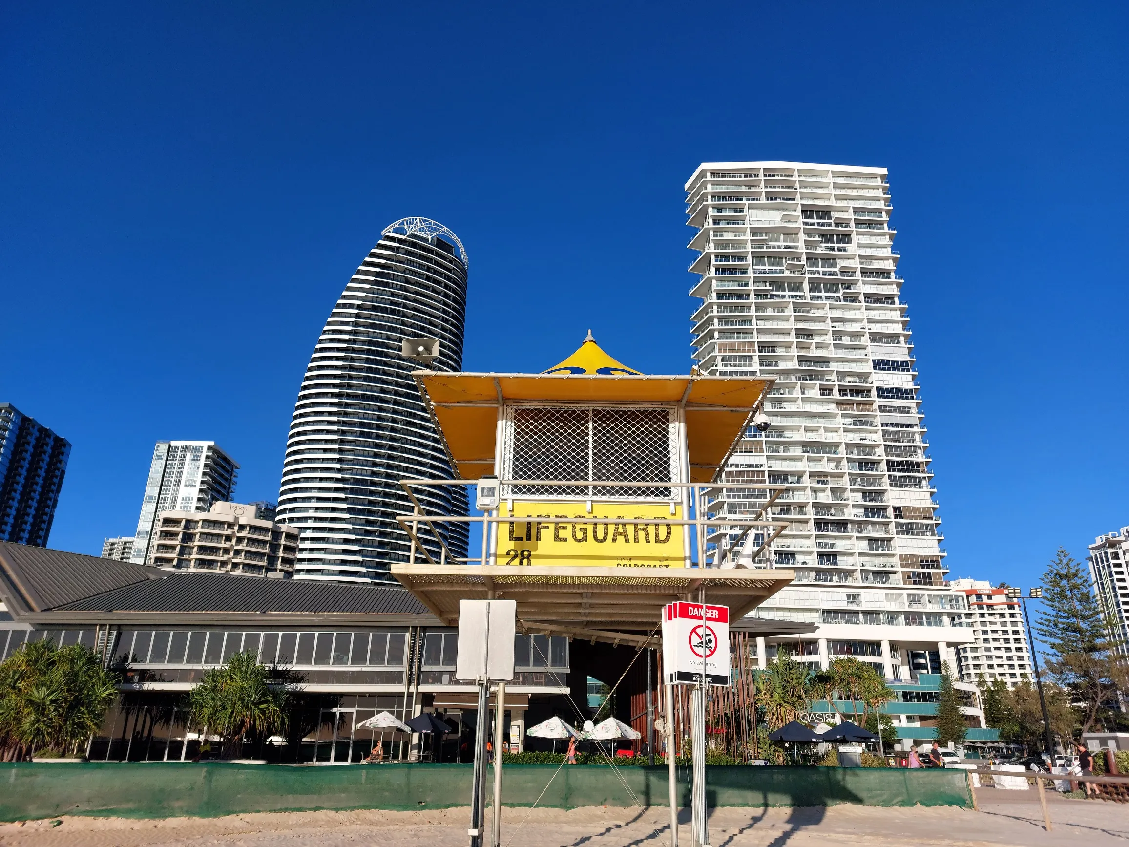 Lifeguard Tower 28 on Kurrawa Beach with Broadbeach Skyline in Background