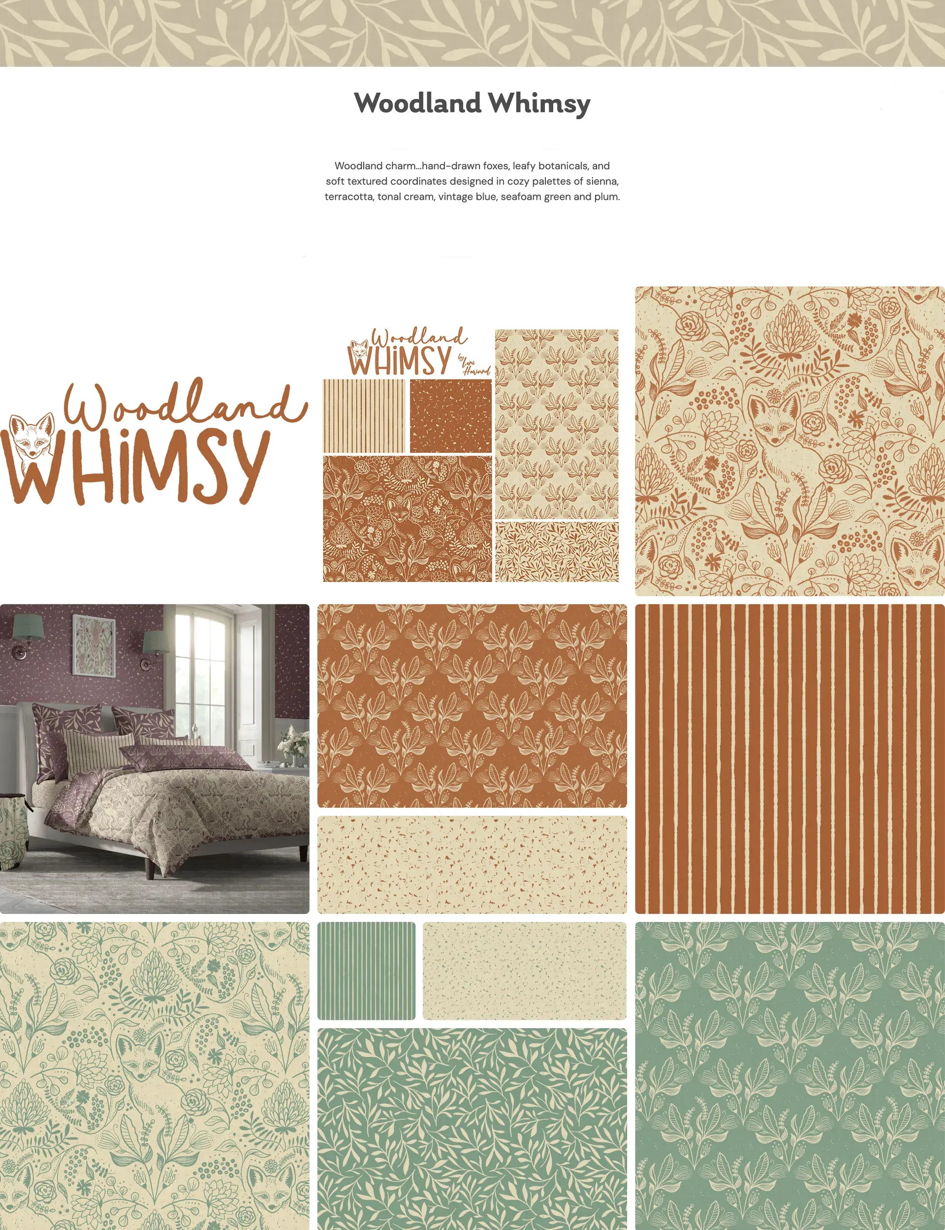 Woodland Whimsy collection board featuring hand-drawn fox and botanical repeat patterns in warm terracotta, cream, plum, and soft seafoam green, with stripe and speckled coordinates, collection logo, descriptive text, and a bedroom mockup showing the patterns styled as wallpaper and bedding.