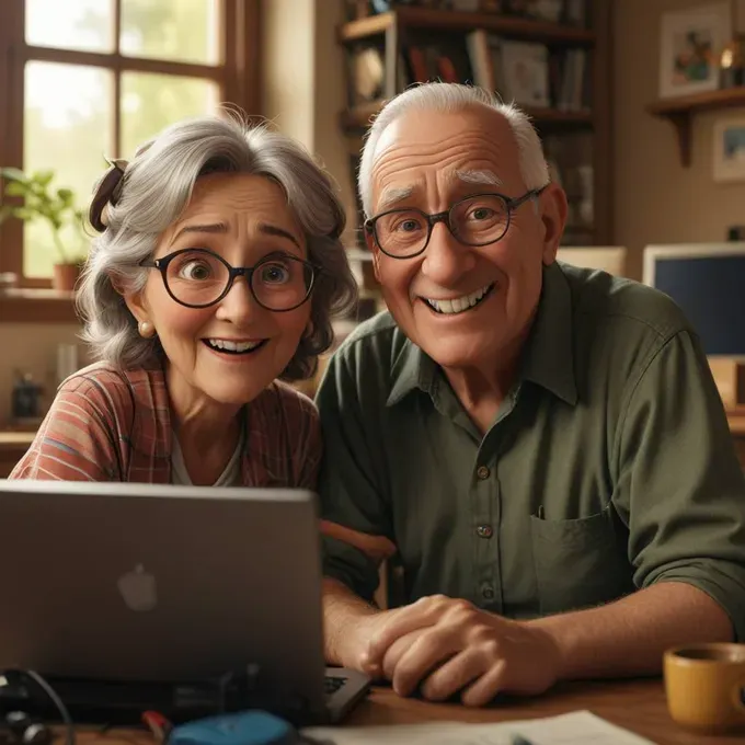 A grandparent smiling while using a computer, supported by a family member teaching them basic skills.