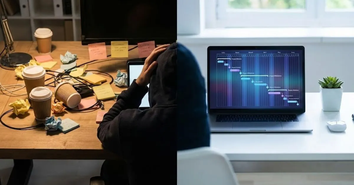 Comparison of chaotic traditional work versus organized AI project management.