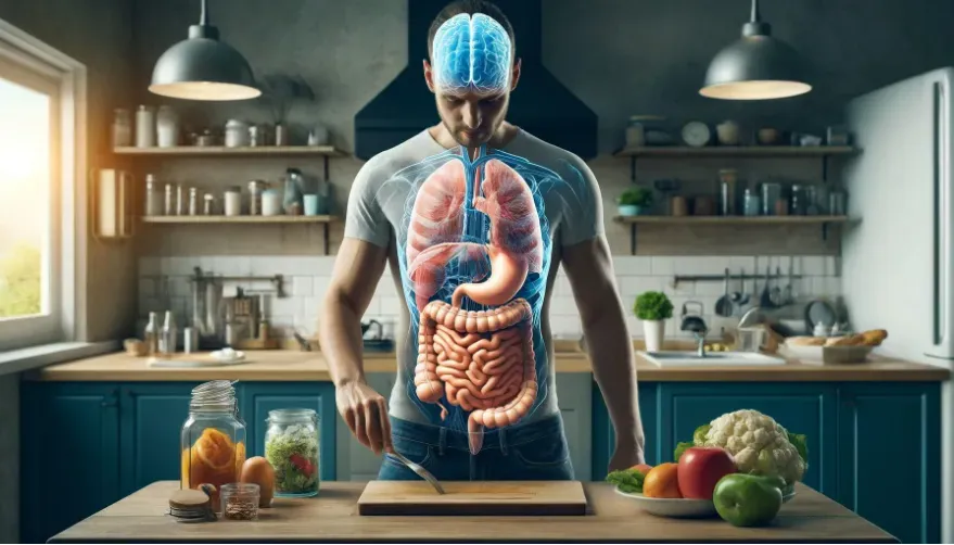  a man standing in his kitchen, with transparent views of the human intestines and brain superimposed to illustrate their connectivity.