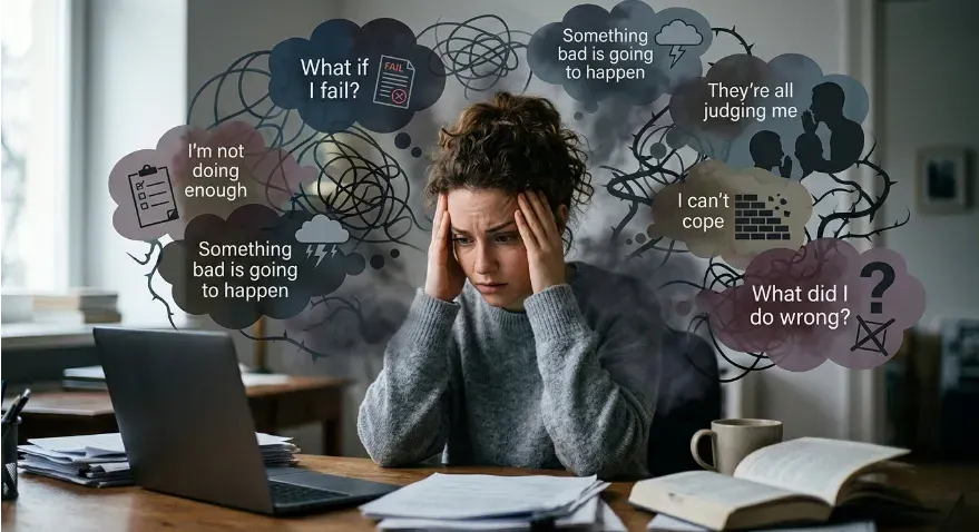 An image showing a person surrounded by symbolic worry thoughts, representing persistent anxiety.