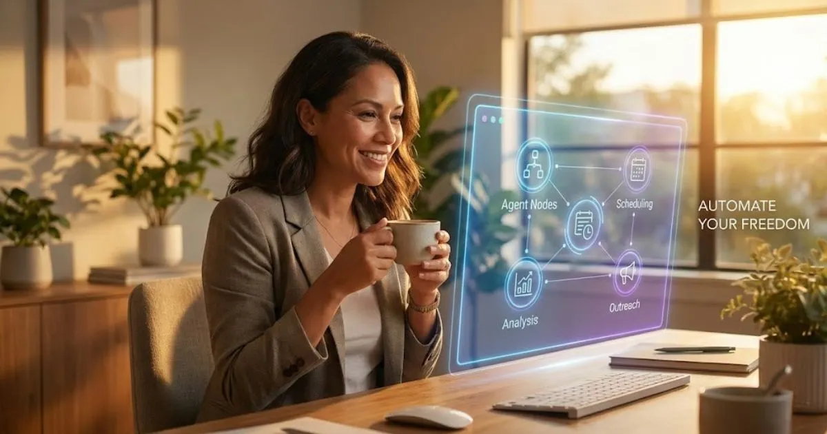 Small business owner relaxing in home office while AI agents handle tasks on a holographic display, representing the future of artificial intelligence.