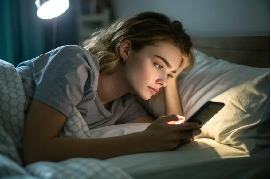 a young woman in bed staring at the screen of her illuminating smart phone showing signs and behaviors of 