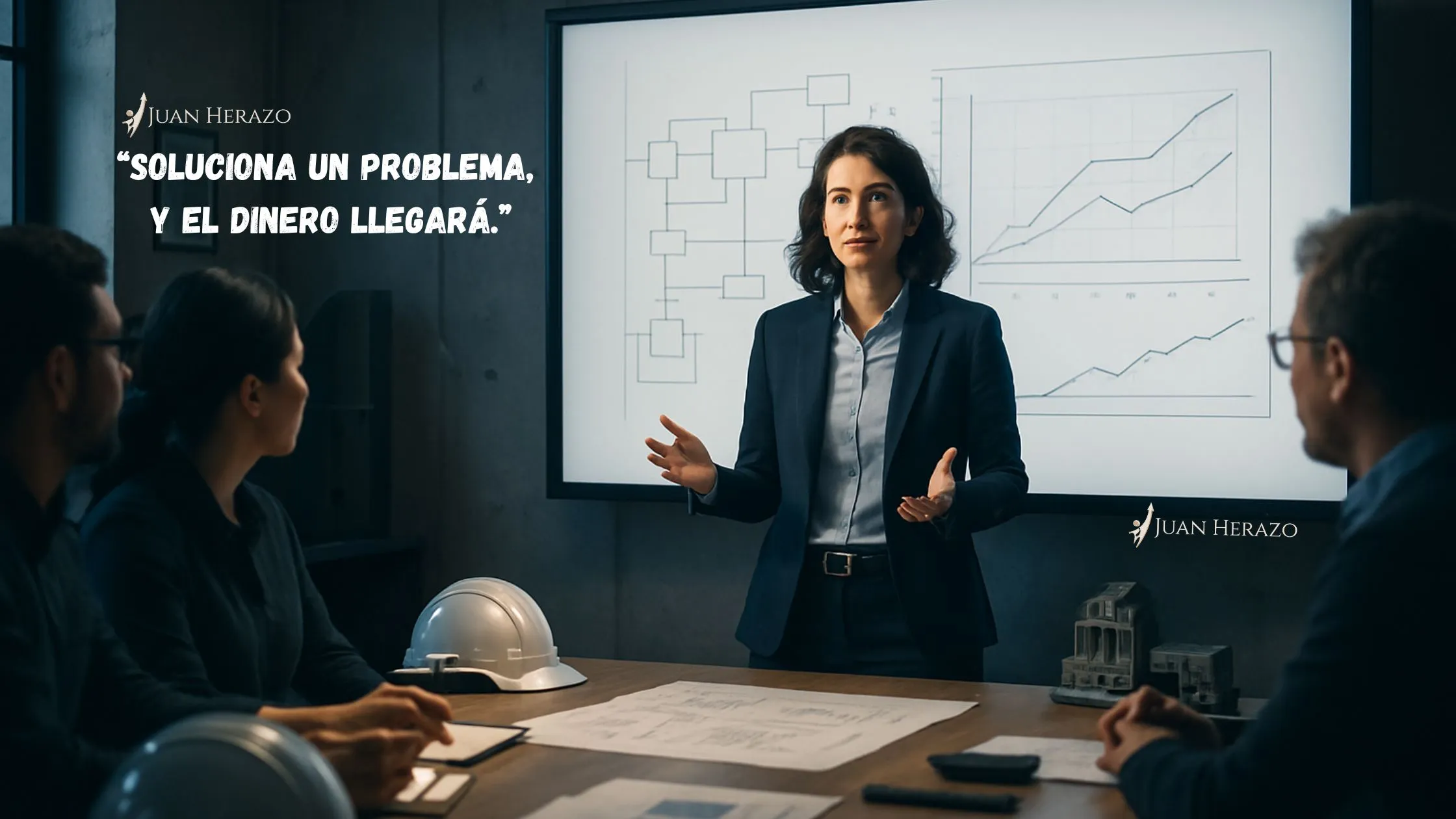 Joven profesional presentando con confianza una solución técnica a un pequeño equipo en una sala de reuniones industrial moderna, con diagramas proyectados en la pantalla y elementos como cascos de seguridad y planos sobre la mesa, mientras los colegas escuchan y toman notas.