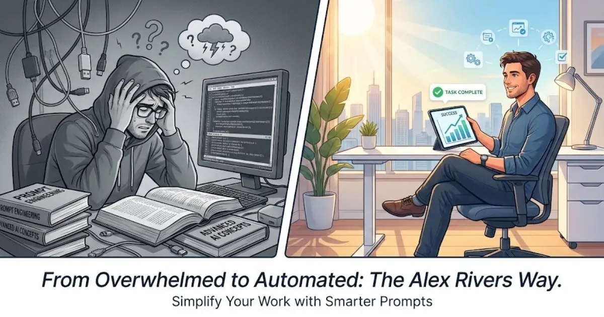 Comparison of a stressed student taking a prompt engineering course versus a relaxed business owner using expert AI prompts.