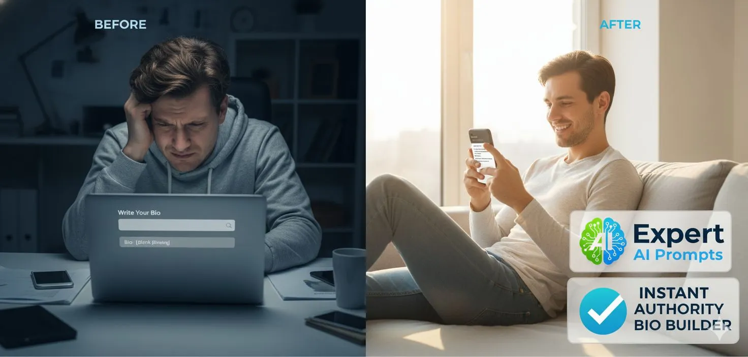 Split screen showing stressed entrepreneur with blank bio versus happy entrepreneur with completed expert bio using AI prompts.