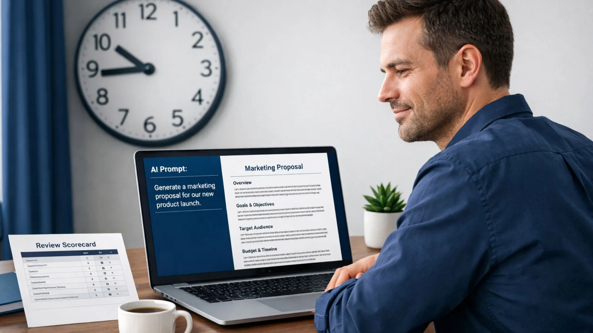 Entrepreneur reviewing Expert AI Prompts time savings on laptop at clean modern desk with clock in background 