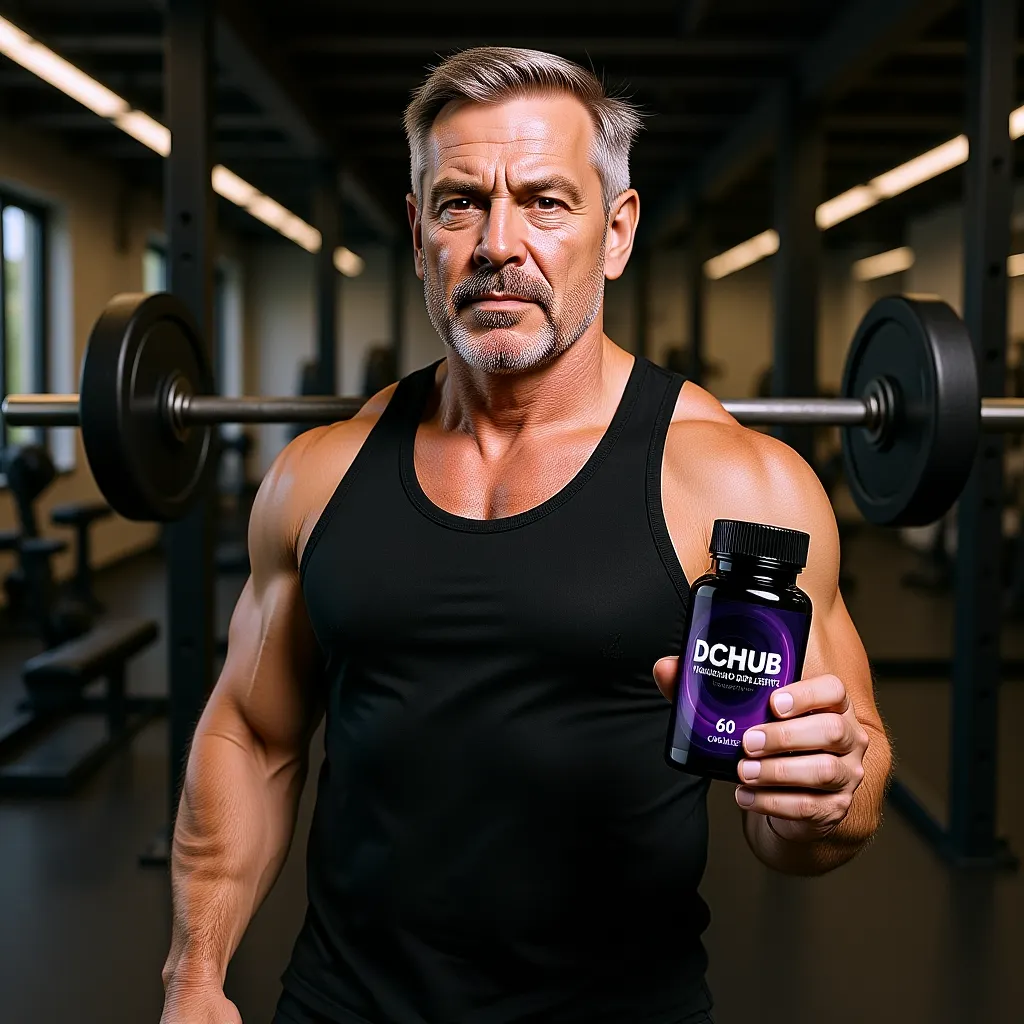 Older muscular white male in the gym holding a vitamin bottle
