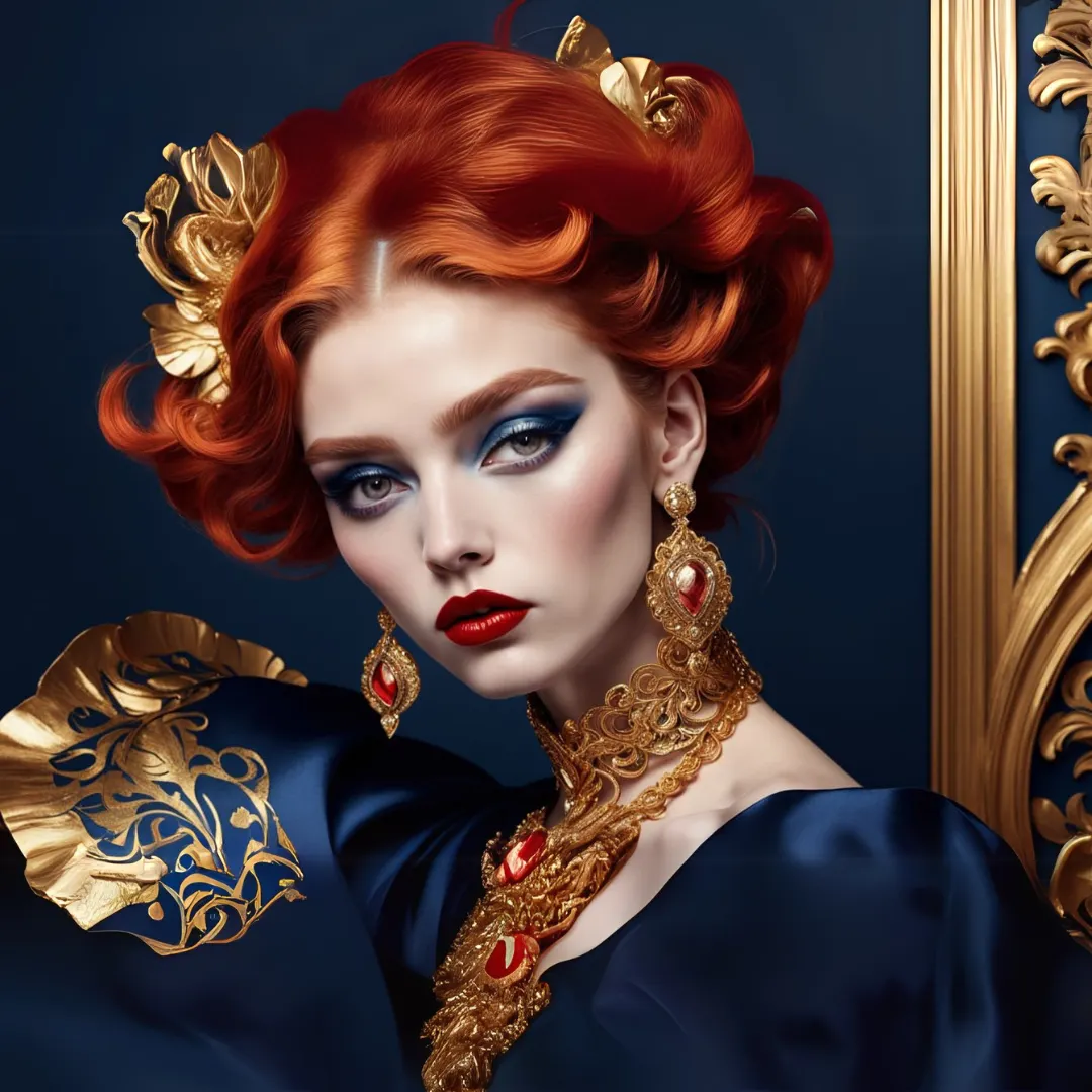 Sexy red head wearing a blue and gold dress