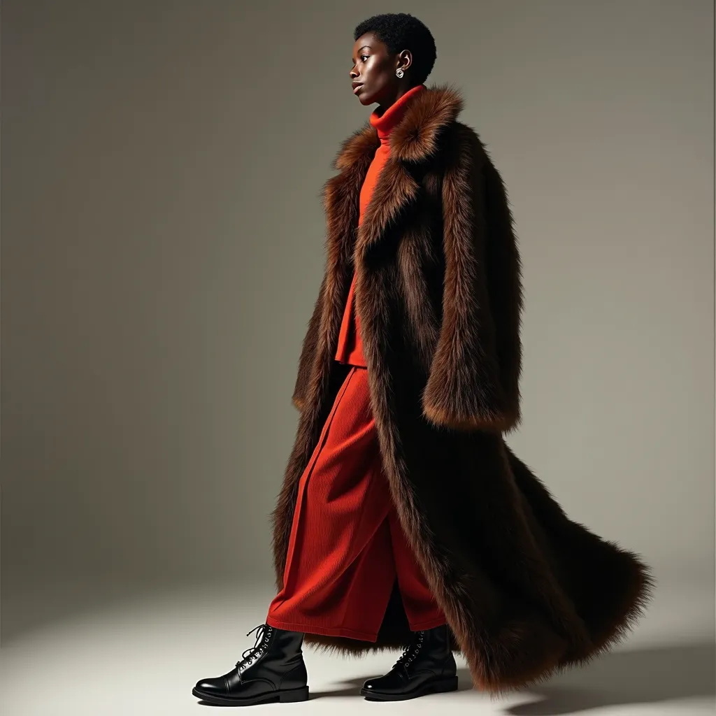 Black model wearing a furry coat