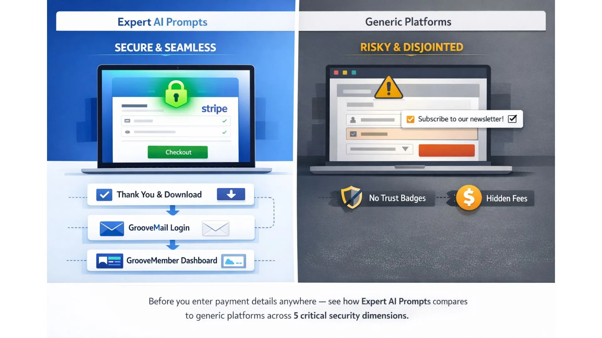 Side-by-side comparison of Expert AI Prompts Stripe-powered secure checkout versus generic digital product platform 