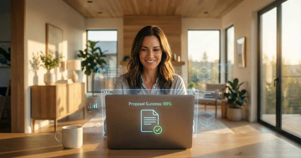 A confident freelancer using AI tools on a laptop to write business proposals in a home office.