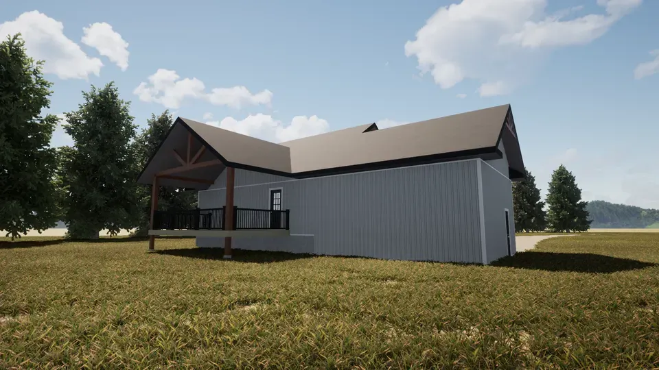 Modern gray barn-style home with a sloped roof, large front porch supported by wooden beams, surrounded by open grassy land and a few scattered trees under a bright blue sky.