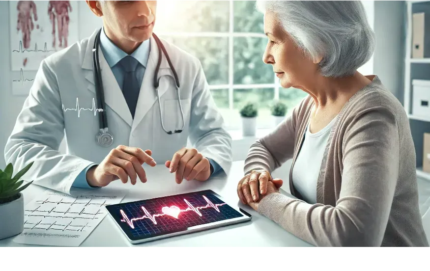 An elderly woman having a consultation with a cardiologist in a medical office. The doctor is showing heart rhythm tracings on a tablet.