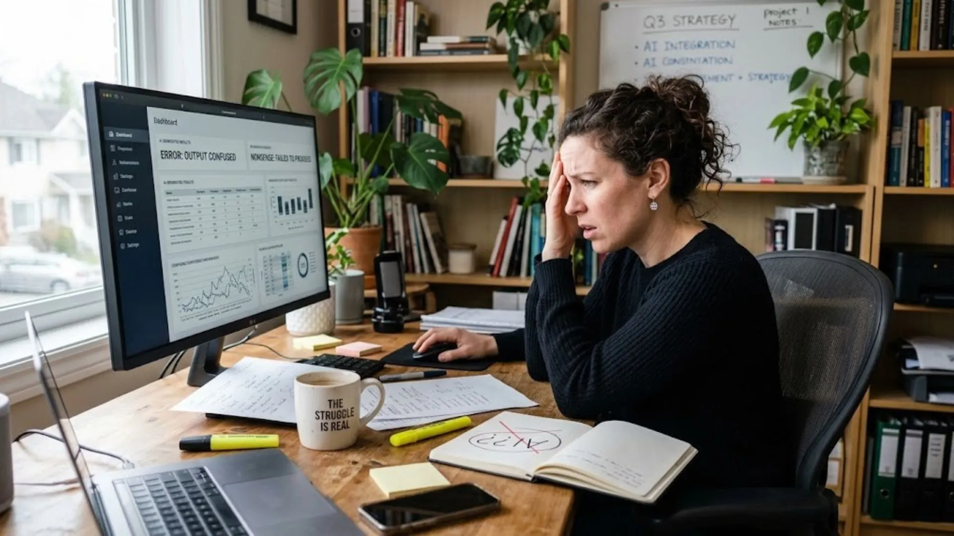 A frustrated business owner working at a computer, trying to figure out their AI prompt mistake.