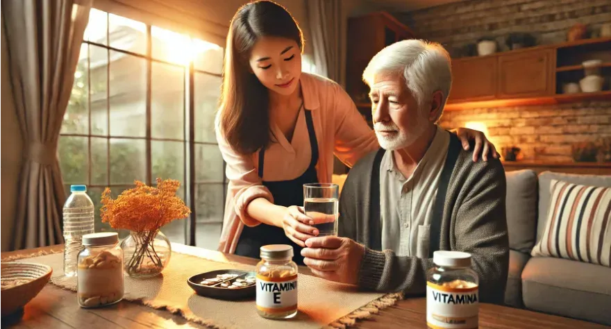 A warm scene of a caregiver helping an elderly person with daily tasks, showcasing compassion and care in a comfortable home environment, soft lighting. On a nearby table are supplements like "Vitamin E", and "Selenium"