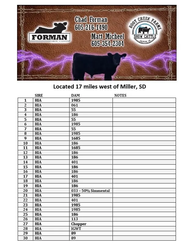 2023 Pasture Sale Flyer - Forman Show Steers and Boot Creek Farms - Page 1 of 2