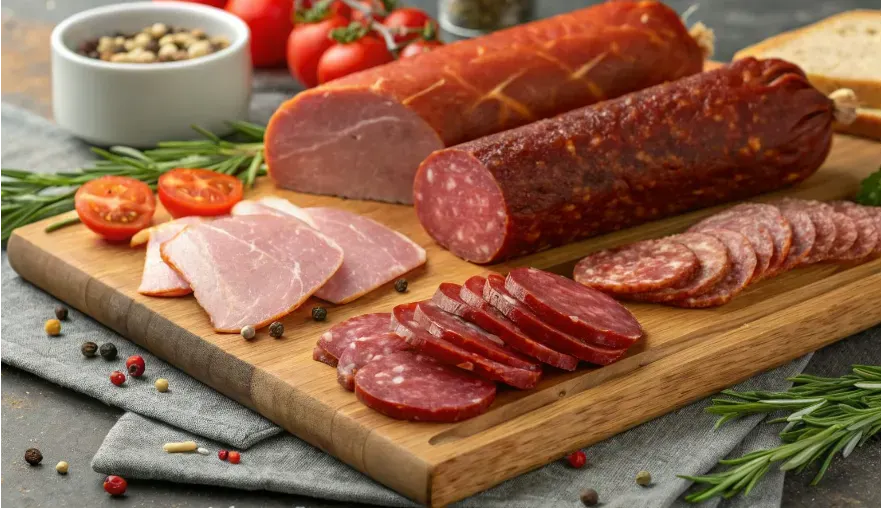 Image featuring an assortment of processed meats displayed on a wooden cutting board. The selection includes sausages, salami, sliced ham, and smoked meats.