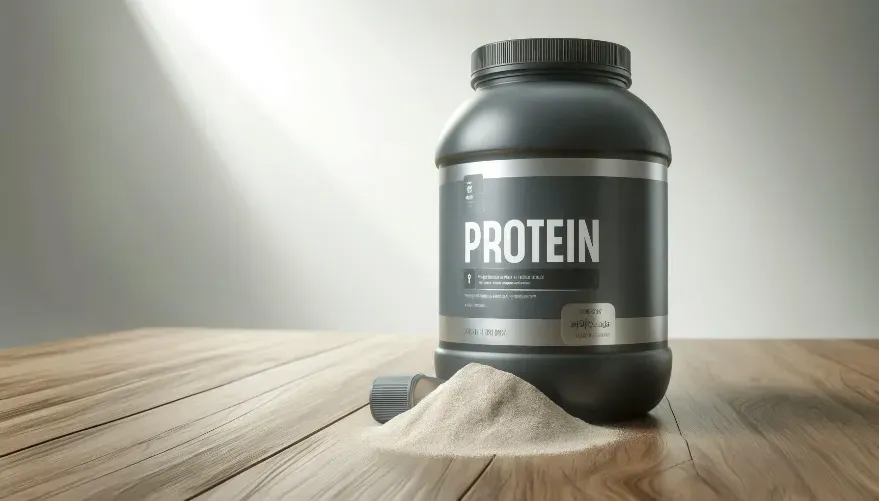 Container of protein powder on a table with a small pile of powder on table.