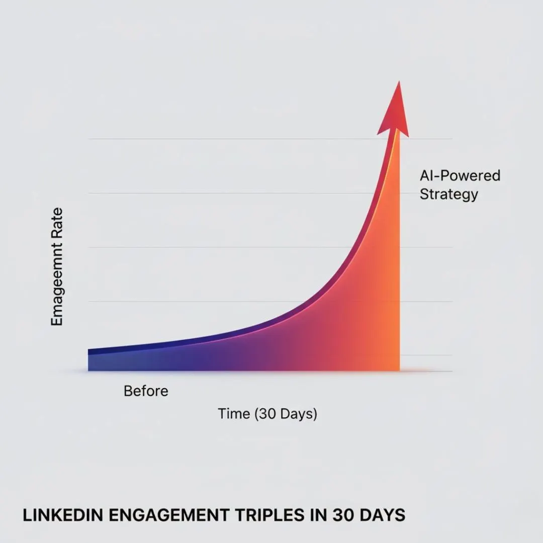 A line chart showing LinkedIn engagement tripling in 30 days as a result of a case study using AI on social media.