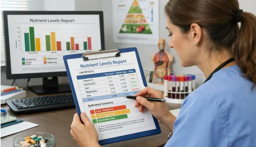 Healthcare setting visual of clinician reviewing lab results related to nutrient levels