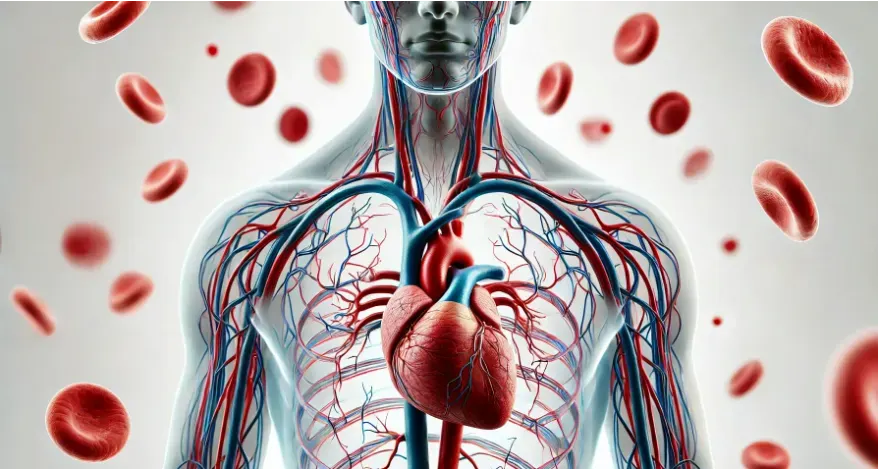 medical illustration of the human circulatory system, featuring an anatomically accurate heart with arteries and veins, along with a detailed depiction of red blood cells flowing.