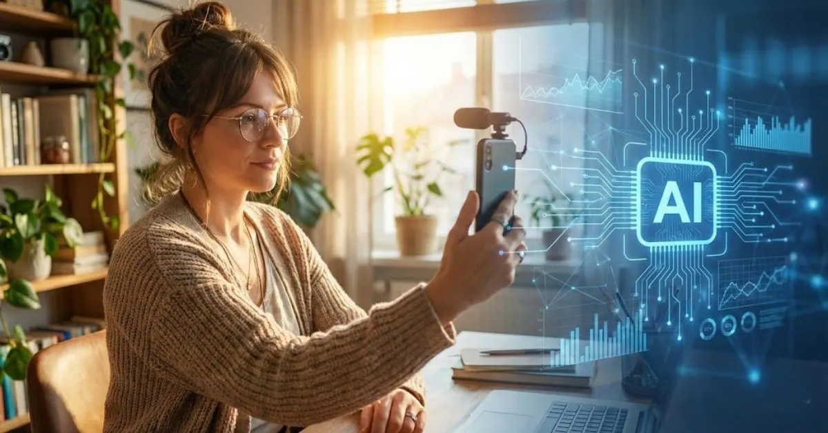 A micro-influencer creating content merged with AI data analytics representing modern influencer marketing trends.