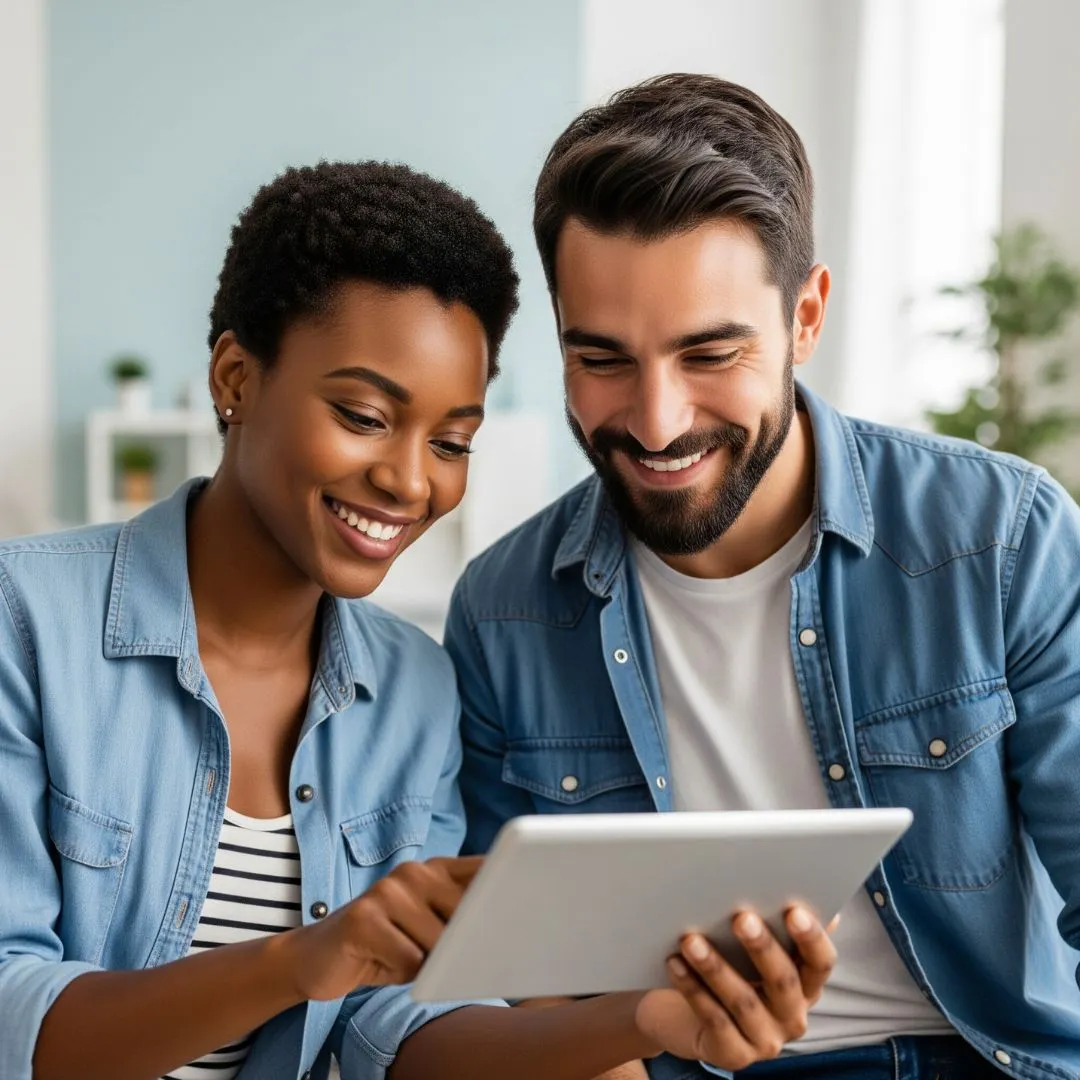 Couple smiling confidently while reviewing home building plans on a tablet, representing clarity and relief from New Build Assist's guidance.