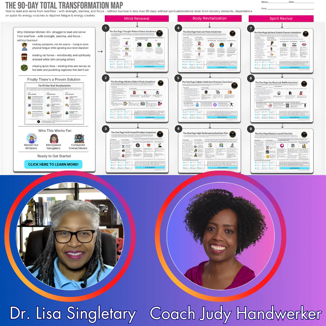 Visual overview of “The 90-Day Total Transformation Map” for Christian women 40+, outlining a 3-part framework: Mind Renewal, Body Revitalization, and Spirit Revival. The top section displays nine numbered one-page tools used in the transformation process, arranged in a clear step-by-step flow. The left panel explains common struggles and who the program is for, including “Maxed-Out Ministers,” “Menopause Navigators,” and “Exhausted Overachievers.” The bottom half of the graphic features smiling portraits of Dr. Lisa Singletary and Coach Judy Handwerker, each framed in colorful gradient circles, with their names labeled underneath.