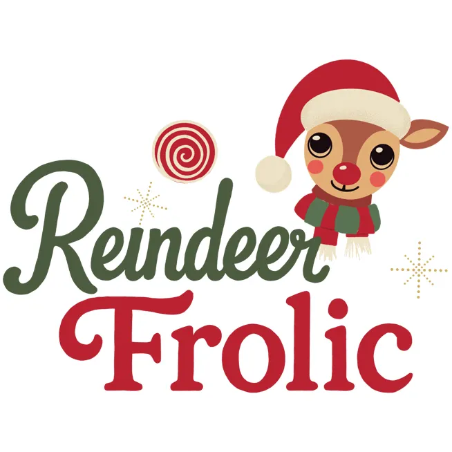 Cute whimsical reindeer wearing a santa hat - reindeer frolic logo