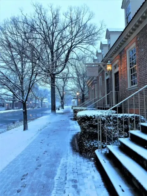 Brick house tavern in the winter on Duke of Gloucester Street in Colonial Williamsburg