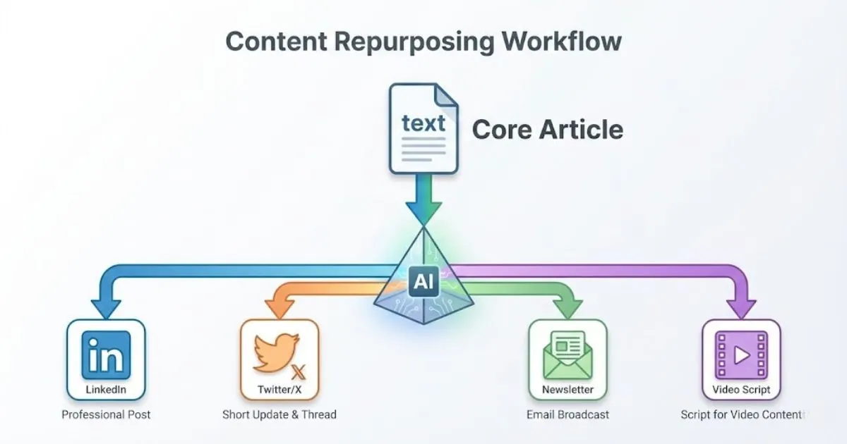 Diagram showing how AI repurposes one blog post into multiple social media assets.