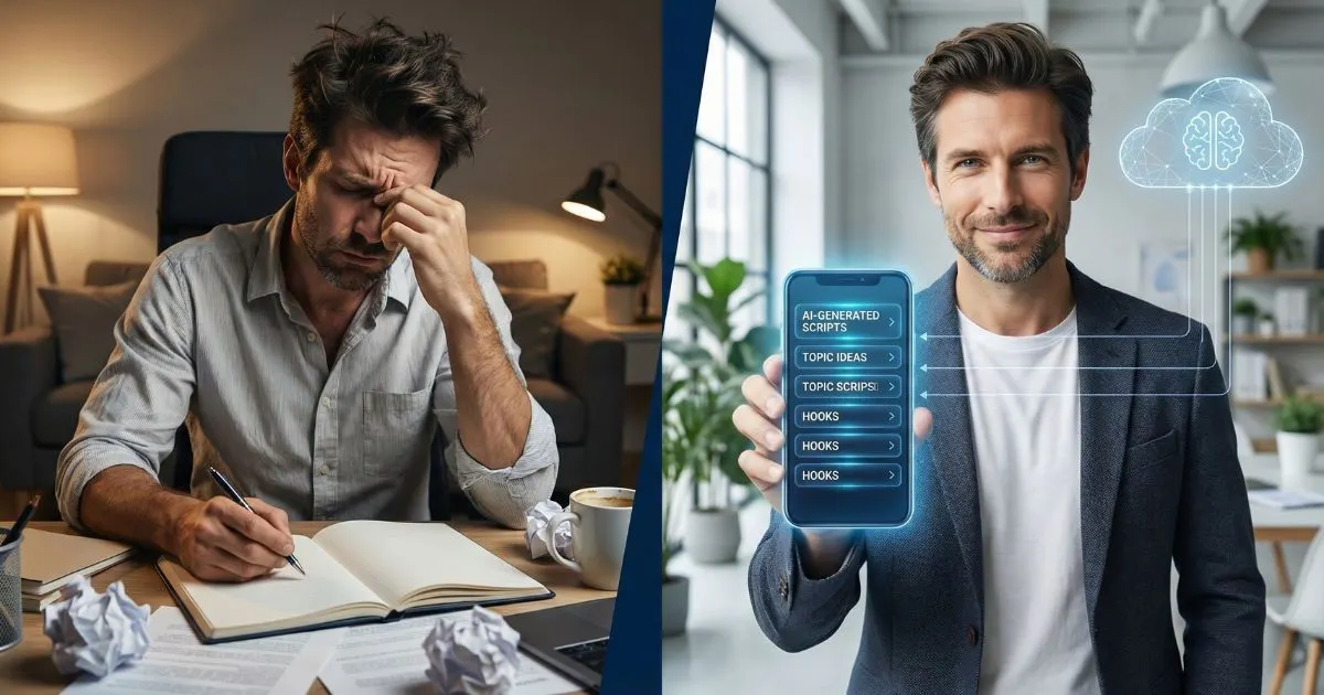 Split screen showing a stressed business owner vs a productive one using AI tools for TikTok.