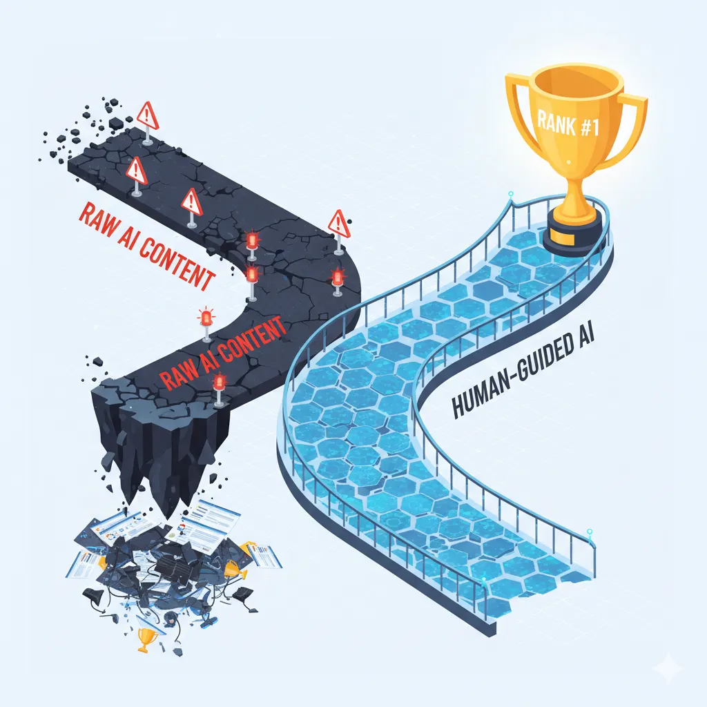 A graphic showing two paths for AI content marketing: a dangerous one that can destroy SEO and a safe, human-guided one that leads to success.