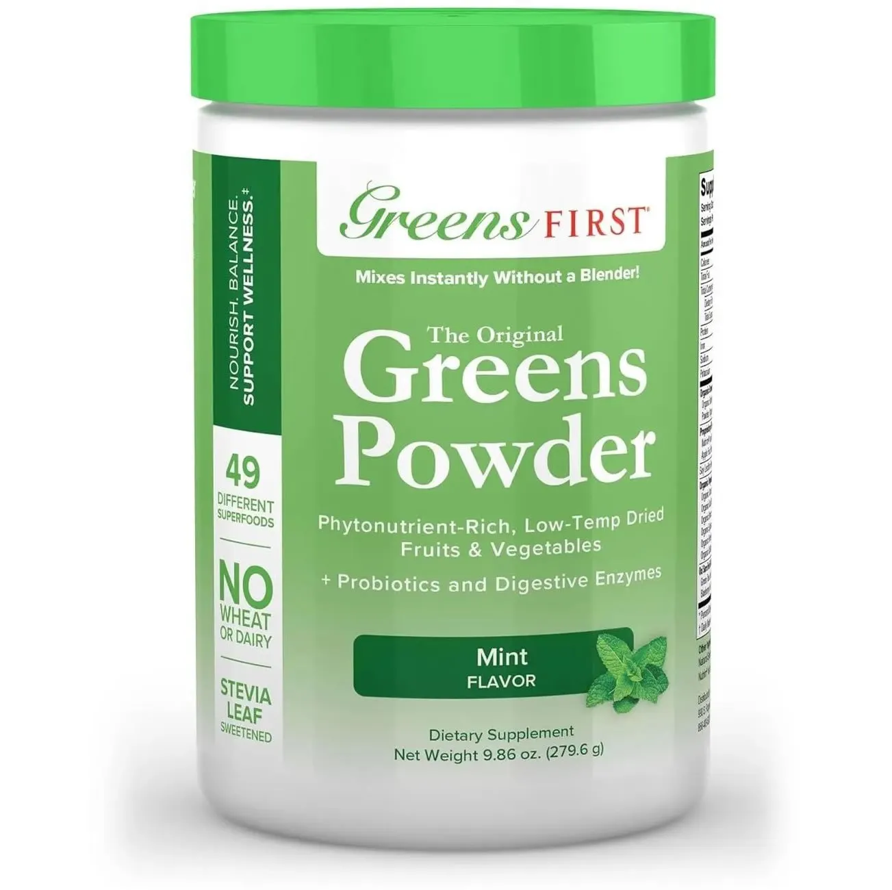 Greens First - Mint - 30 Servings - Greens Powder Superfood, 49 Superfoods, 15+ Organic Fruit & Vegetables, Antioxidant Smoothie Mix Supplement, Dairy Free, Vegan & Non-GMO - 9.86 oz