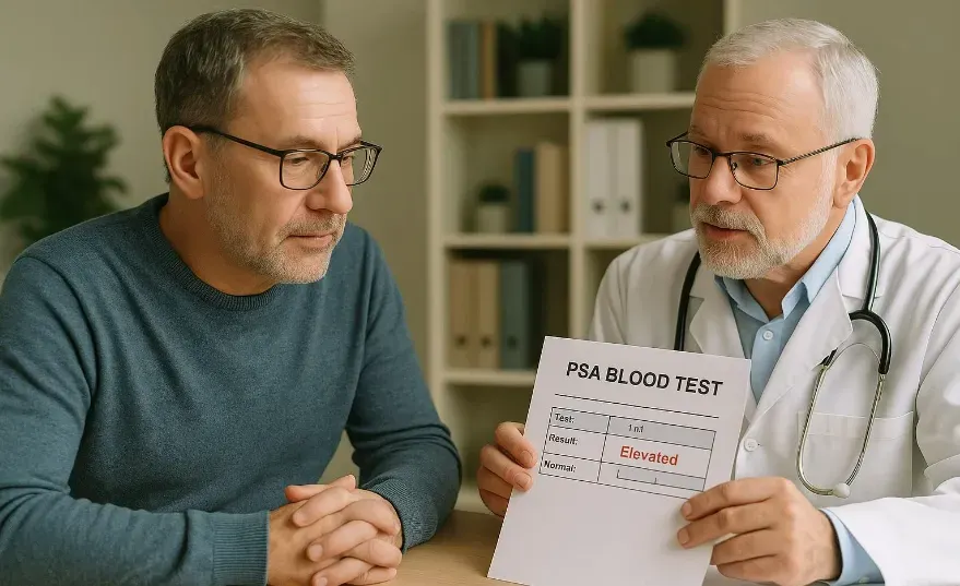 Man in his 50s speaking with his doctor across a desk, looking at PSA blood test results together.