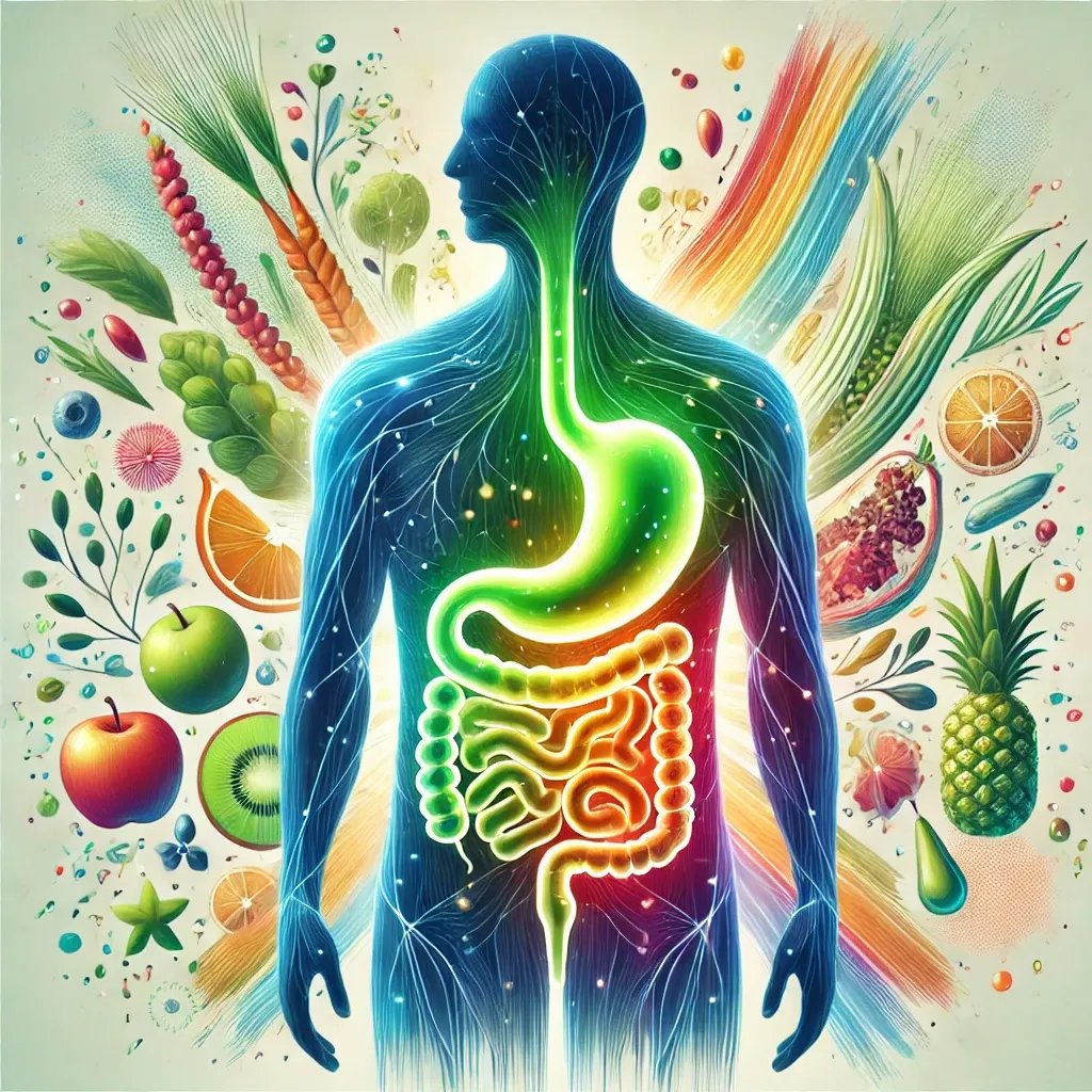 gut health and personalized wellness, featuring a glowing vibrant gut and fresh fruits and vegetables, symbolizing nutrition and a healthy microbiome.