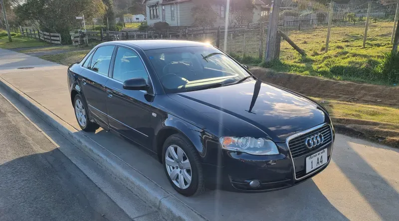 A black Audi A4 sedan is parked on the side of a suburban road in the late afternoon. The car features silver alloy wheels and a sleek design. In the background, there are green fields, trees, and a few houses, with sunlight casting long shadows on the ground. The sky is partly cloudy, adding a warm glow to the scene.