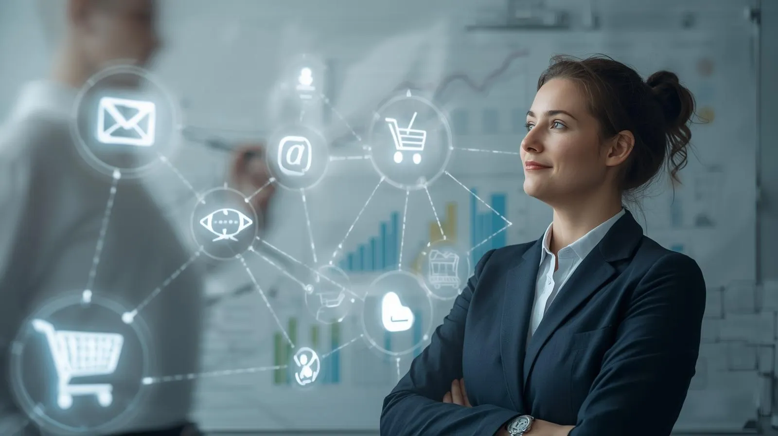 A business owner using AI-driven marketing automation to streamline workflows and focus on strategy, demonstrating the power of marketing automation artificial intelligence.