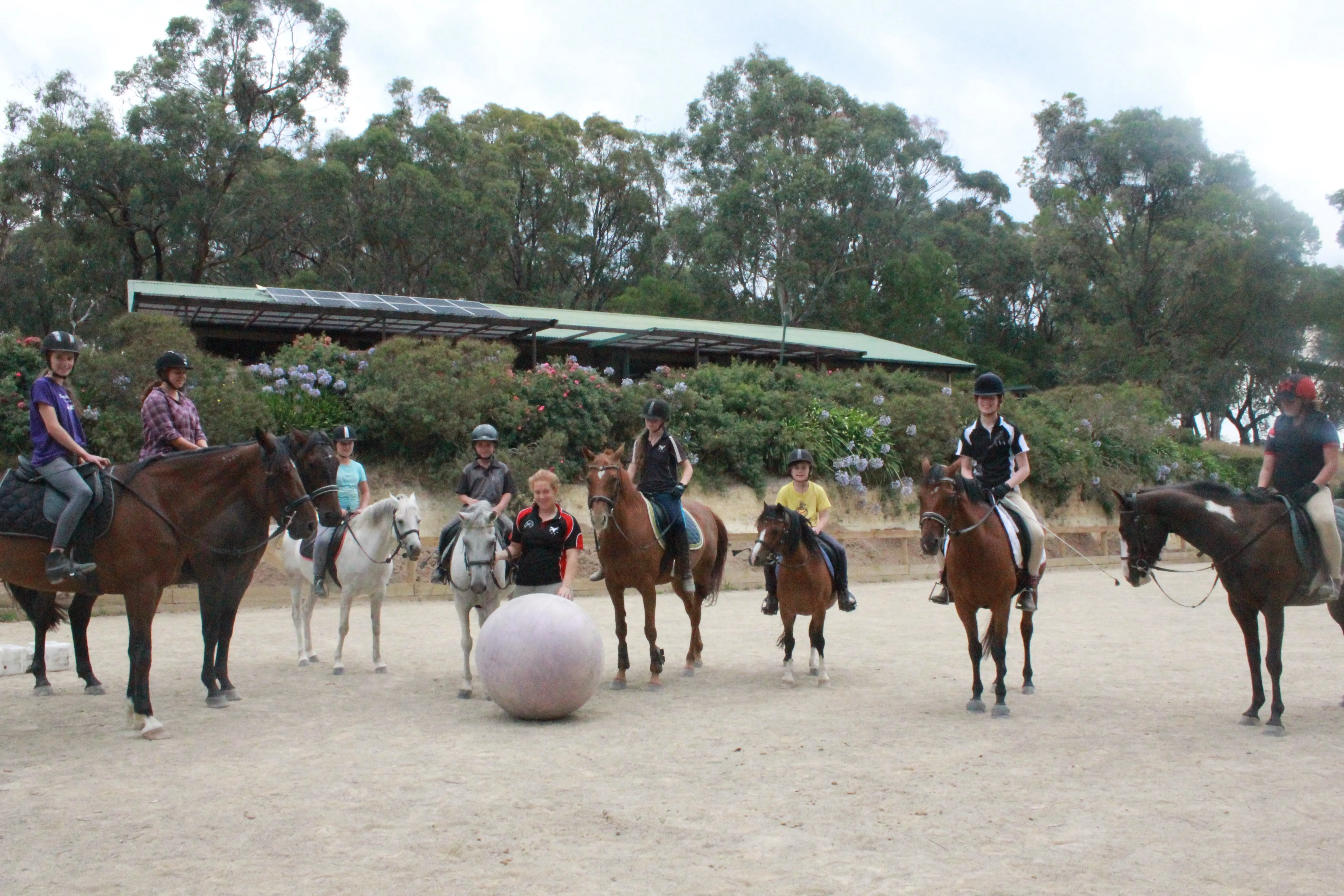 Riders at our Horse Owner Camp having a group photo on their horses in our outdoor arena