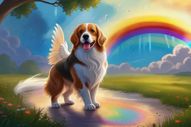 Dog with angel wings standing in front of a glowing rainbow, representing end-of-life pet support and the emotional journey of 